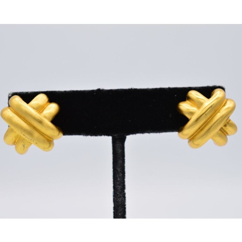Anne Klein Vintage Earrings Pierced Brushed Gold X Cross AK Signed 1980s BinAA